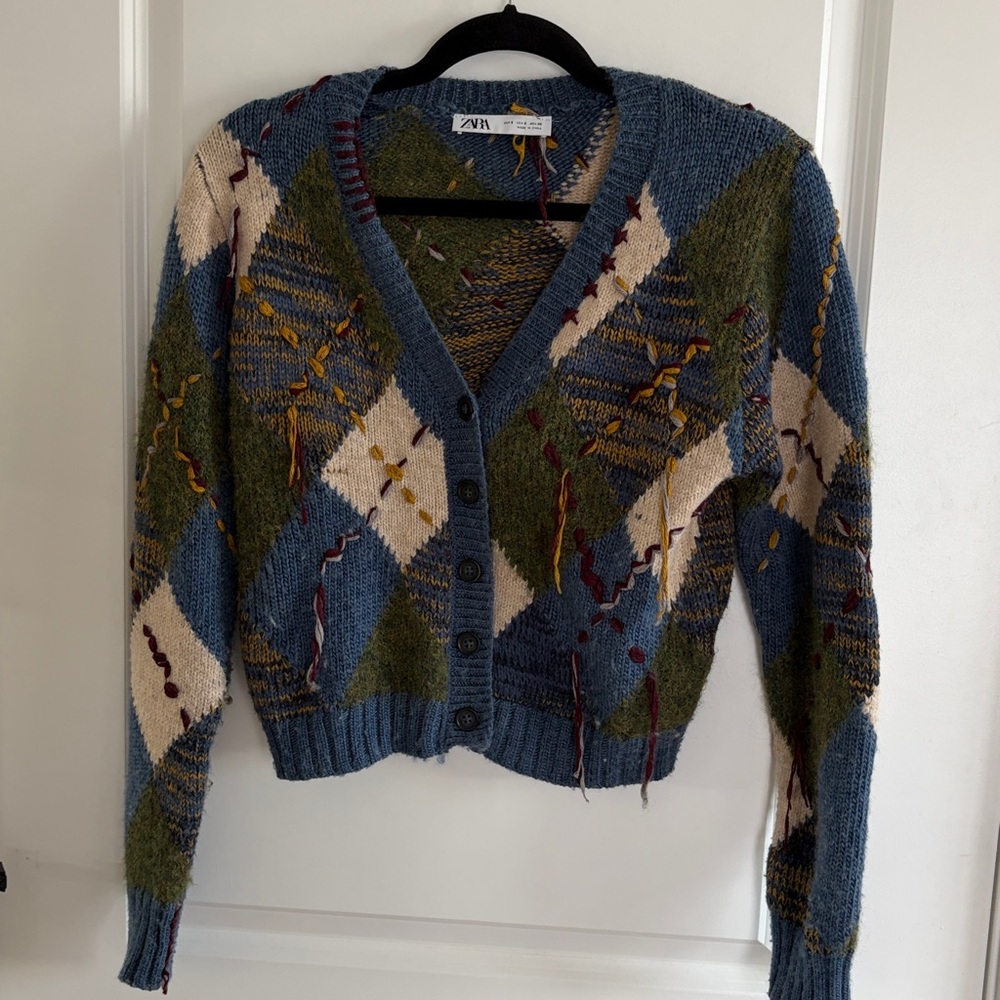 Zara Blue and Green Patterned Women's Cardigan